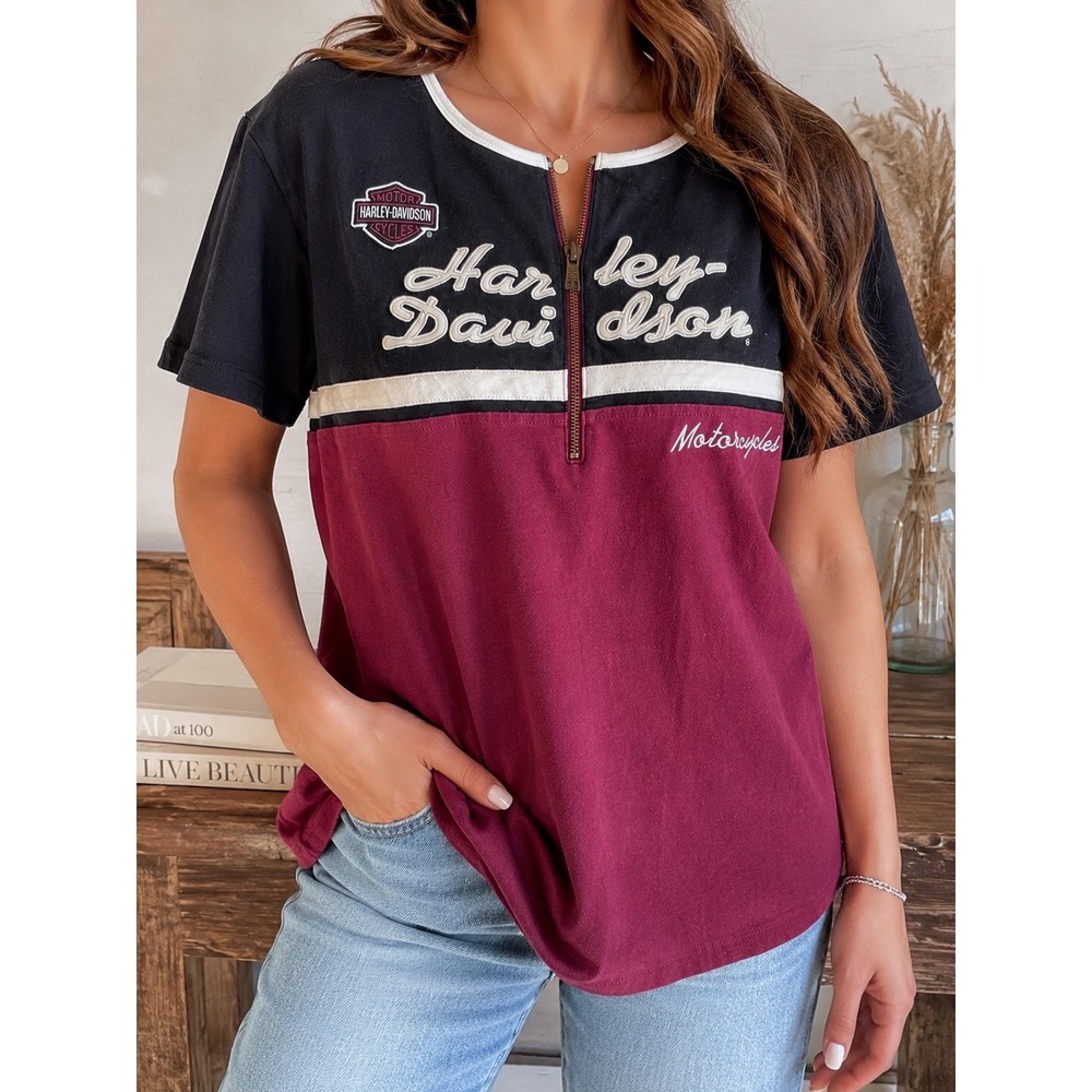 Harley-Davidson Women's XL Colorblock O Ring-Zip Shirt Burgundy Black Motorcycle